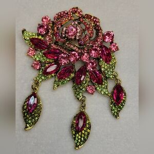 New Vintage-style Pink and Green Rhinestone Rose Brooch / Pin
